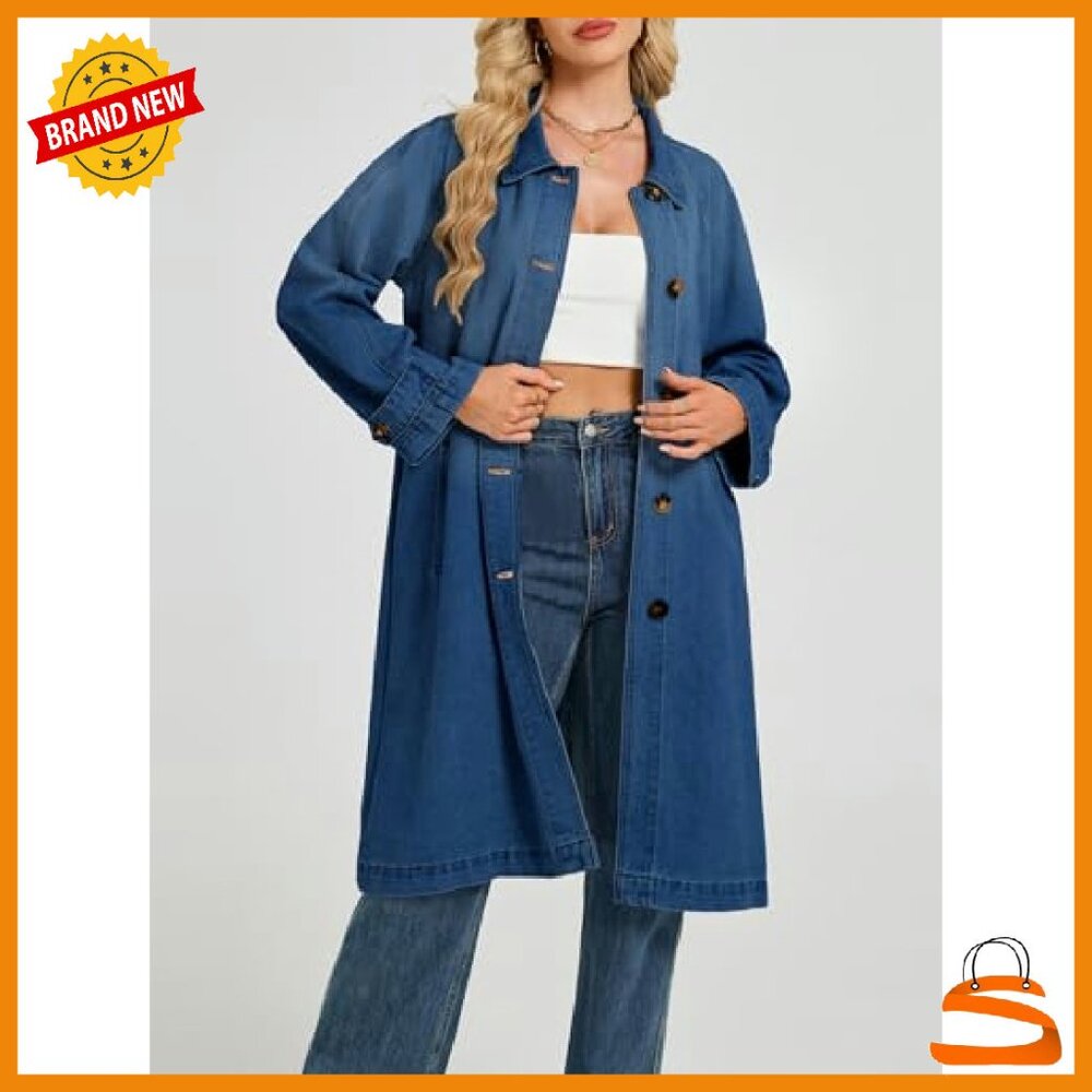 Oversized Denim Trench Coat Midi Length Casual Jacket Women's - Picture 5 of 8